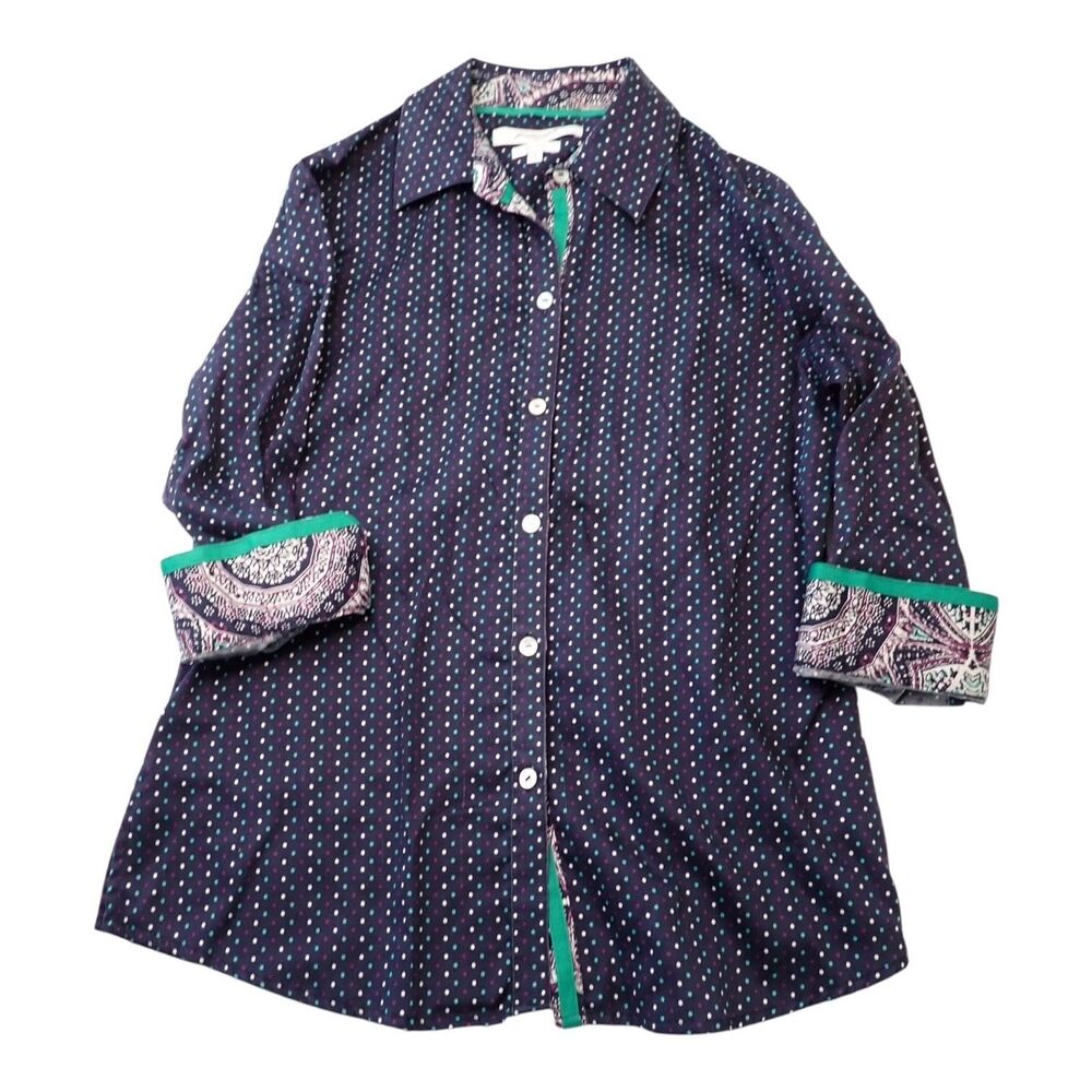 Foxcroft Navy Dot Print Button-Up Blouse with Teal Trim